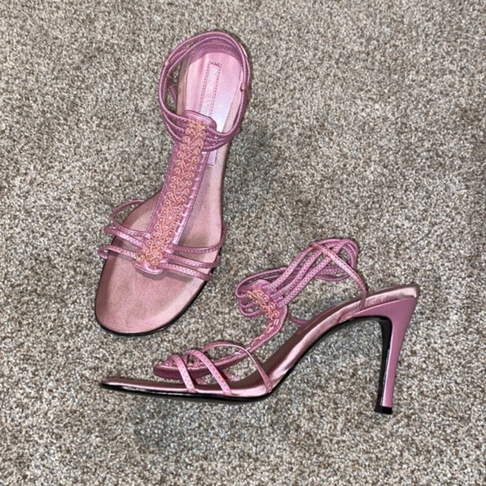 Nine West Y2K pink beaded ankle strap heels